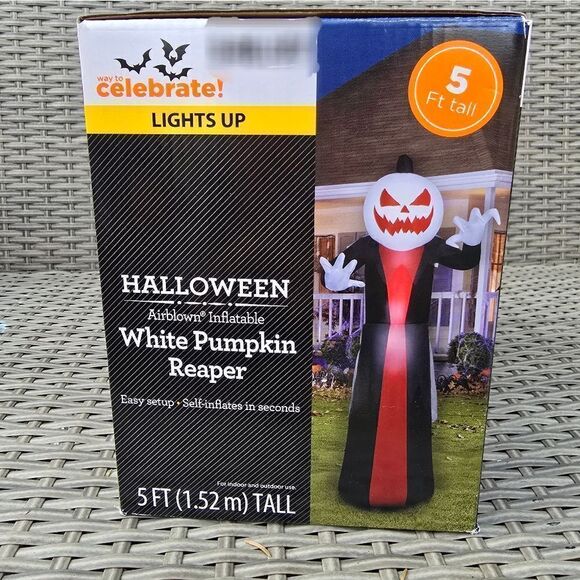 NIB Halloween White Pumpkin Reaper 5ft Airblown Yard Inflatable - Lights Up - Picture 2 of 4